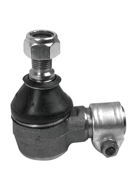 Close-up view of a Track Rod, Length: 71mm - S.41290 by Sparex, featuring a ball joint with a metal rod end, commonly used in automotive suspension systems. The joint has a black rubber cover and is attached to a gray metal arm with a female thread. This component may be classified under Tariff Code 8708949900.