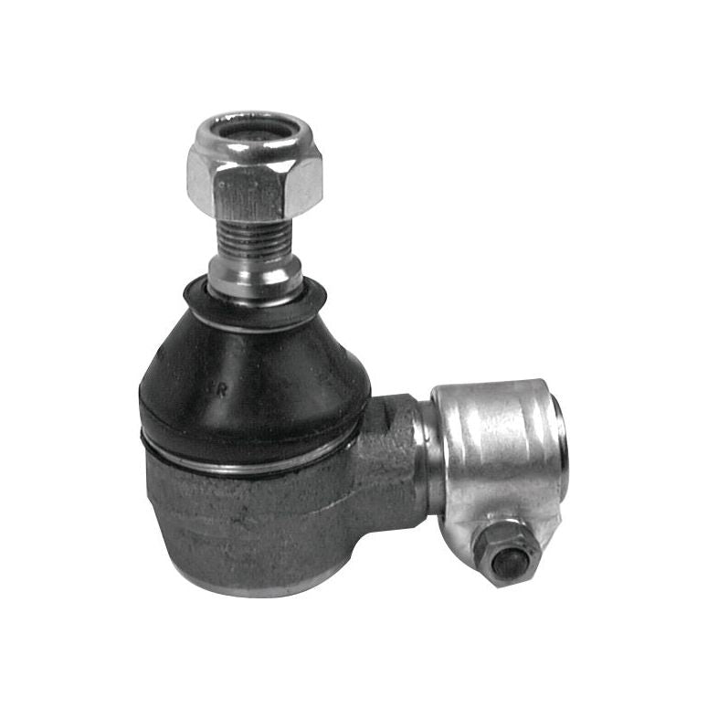 Close-up view of a Track Rod, Length: 71mm - S.41290 by Sparex, featuring a ball joint with a metal rod end, commonly used in automotive suspension systems. The joint has a black rubber cover and is attached to a gray metal arm with a female thread. This component may be classified under Tariff Code 8708949900.