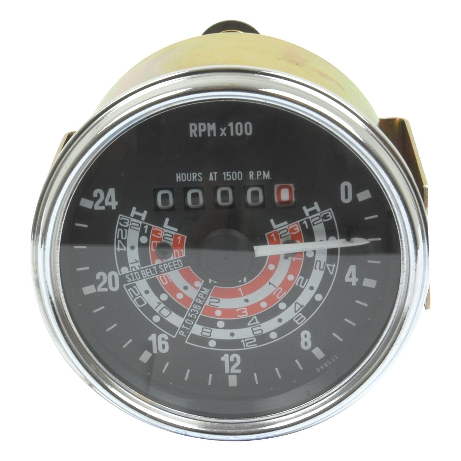 Close-up of an analog tachometer, labeled Tachometer (KPH) | Sparex Part No. S.41068, showing RPM x100, with a red and white dial indicating speed ranges and detailed markings for engine hours at 1500 RPM within a chrome housing, typical in Massey Ferguson tractors by the brand Sparex.