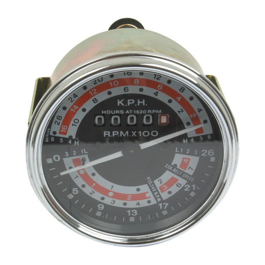 Close-up view of the Sparex Tractormeter (KPH), Sparex Part No. S.41072, commonly used in Massey Ferguson tractors, featuring a black dial with red and white markings, a chrome bezel, and displaying hours at 1520 RPM and RPM x 100.