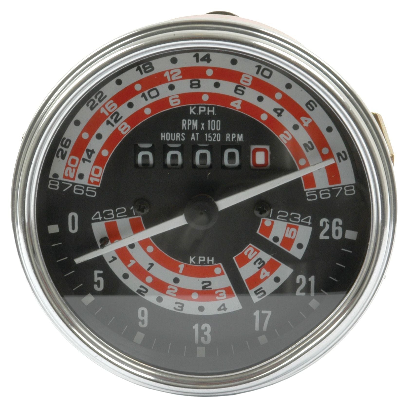 The Tractormeter (KPH) by Sparex, Part No. S.41083, is a vintage tachometer featuring dual scales for RPM and speed in KPH, complete with an odometer-style hour meter. It showcases a blend of numbers and red arcs on a black background, making it ideal for Massey Ferguson enthusiasts seeking authenticity.