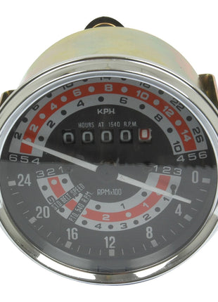 The Sparex Tractormeter (KPH) | Sparex Part No.S.41090 is a versatile circular tachometer gauge with an integrated hour meter, marked with RPM speeds and hours at 1540 RPM, labeled "Sundial Speed." Featuring convenient screw terminals, it is the perfect accessory for Massey Ferguson models.