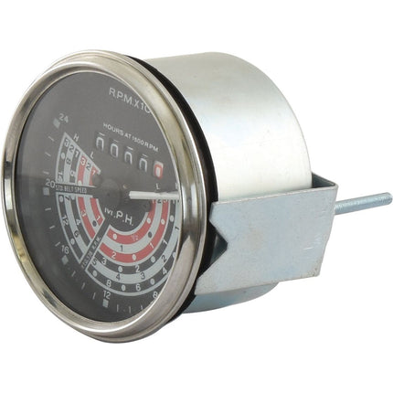 Introducing the Tachometer (MPH) from Sparex, with part number S.41069 – a round gauge featuring a metal casing and mounting bracket that displays RPM readings in white and red numbers on a black background. This tachometer is ideal for use with 4 Cyl Diesel engines, including those found in the Massey Ferguson 135 or compatible models such as the Landini 1850093M93.