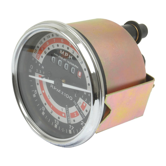 The Sparex Tractormeter (MPH) - Part No. S.41073, is a black analog tachometer encased in a metallic housing, displaying RPM from 0 to 3,500 and MPH from 0 to 55. It includes an odometer and a small hour display, making it ideal for Massey Ferguson and other models compatible with Sparex parts.