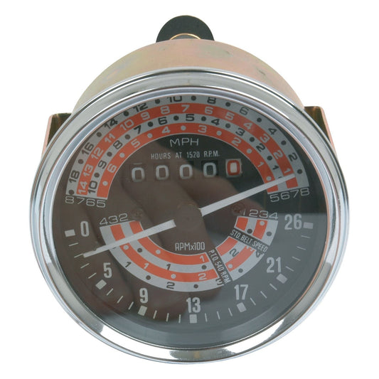 Close-up of the Sparex Tachometer (MPH) | Sparex Part No.S.41084, an analog gauge displaying speeds in miles per hour and revolutions per minute, with a resettable odometer reading 0000. This precise 78mm gauge is compatible with Massey Ferguson tractors.