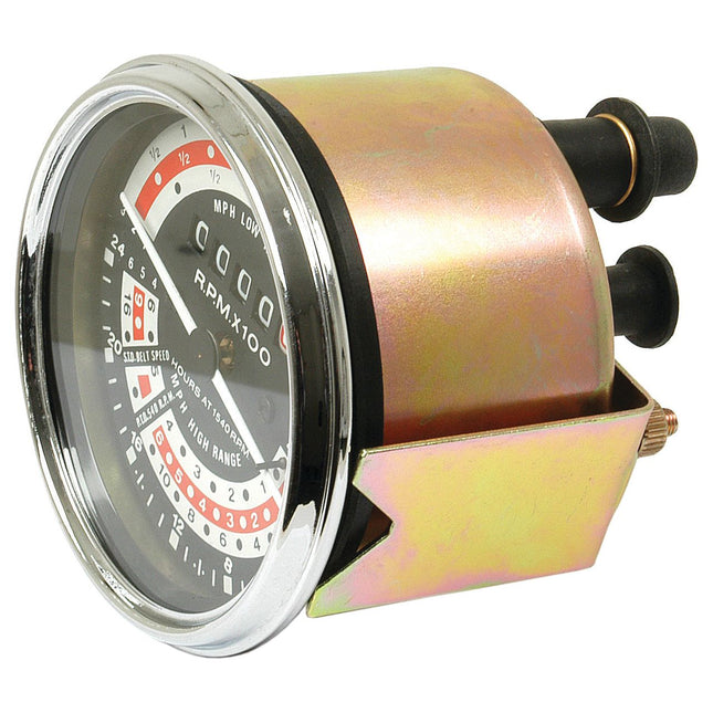 A close-up of a Sparex Tractormeter (MPH), Sparex Part No. S.41086, marked "RPM x 100" with detailed scaling in red, black, and white, mounted in a silver casing featuring two black knobs on the side.