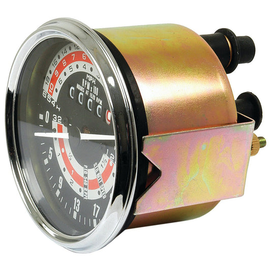 The Tractormeter (MPH) by Sparex, part number S.41088, is a cylindrical speedometer gauge with a metallic casing featuring black, red, and white markings. It is designed for Massey Ferguson models and includes a screw & tacho drive. The unit is mounted on a bracket with two protruding connectors and can be identified by the part number 898461M92.