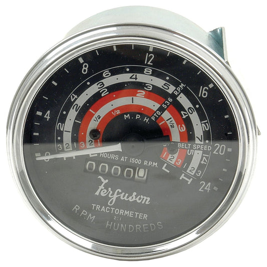 The Tachometer (MPH) by Sparex, part number S.42976, is ideal for a Massey Ferguson diesel engine using a tacho drive. It shows RPM, belt speed, and hours at 1500 RPM on a black face with red and white markings set in a silver frame.