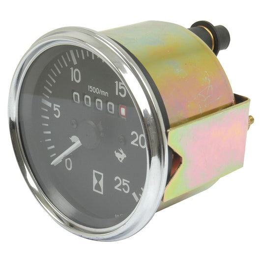 The Sparex Tachometer (Part No. S.41077) is a round analog gauge with a chrome bezel and black face, marked in increments up to 25. It features a needle and numeric readout, specifically designed for Massey Ferguson 158 tractors, and comes mounted in a durable metal housing.