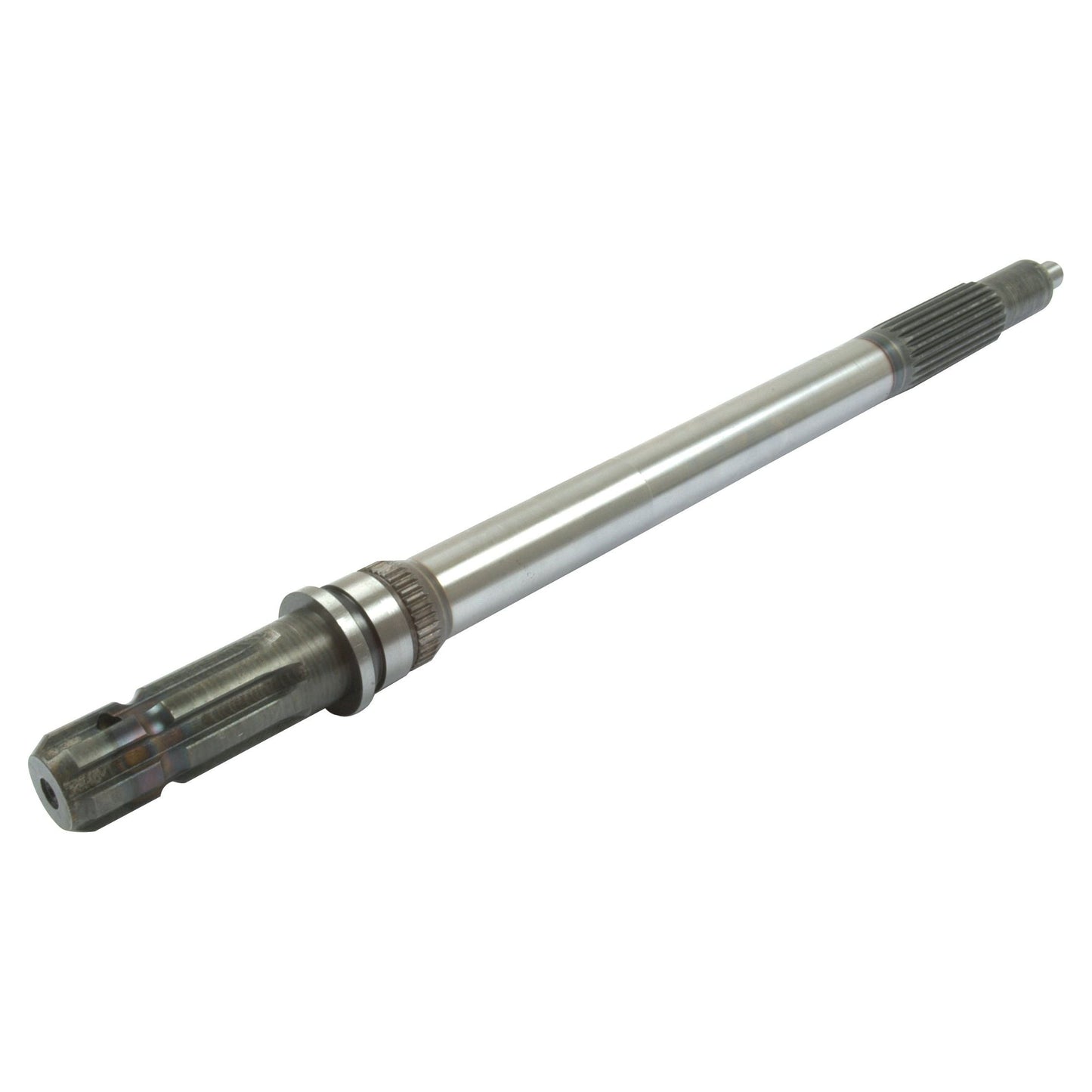 A Transmission PTO Output Shaft (Sparex Part No. S.74748) by Sparex, featuring a metallic cylindrical central section with multiple splines at both ends and crafted in Brazil for automotive applications.