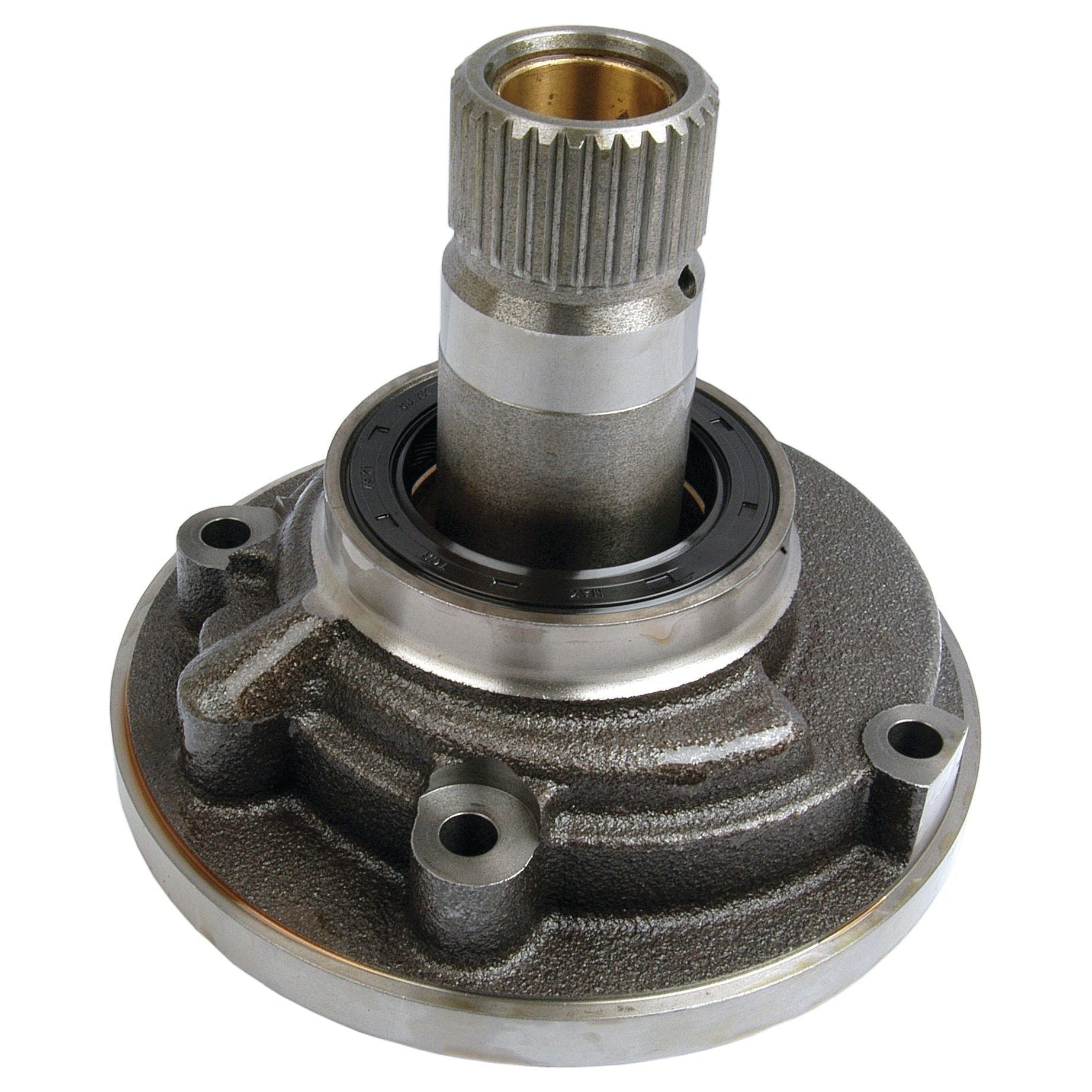 Close-up image of a Sparex Transmission Oil Pump (Sparex Part No. S.41613), featuring a cylindrical section and a flange with four bolt holes, suitable for Ford New Holland or Massey Ferguson vehicles.