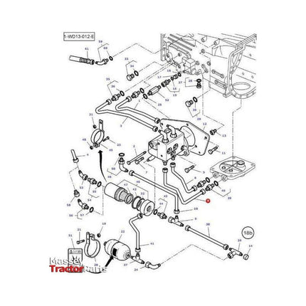 Diagram of a tractor's hydraulic system with labeled parts and assembly lines, featuring components such as hoses, connections, pumps, and filters. The Massey Ferguson - Tube - 3792306M1 is highlighted among the parts. The AGCO logo is visible in the bottom left.