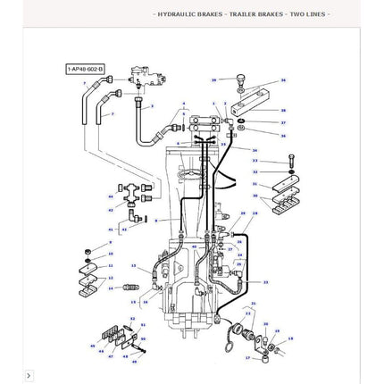 Diagram of a trailer hydraulic brake system with two lines, showcasing various components, parts, and their corresponding labels and numbers for Massey Ferguson models, including AGCO's Tubing - 3715870M2.