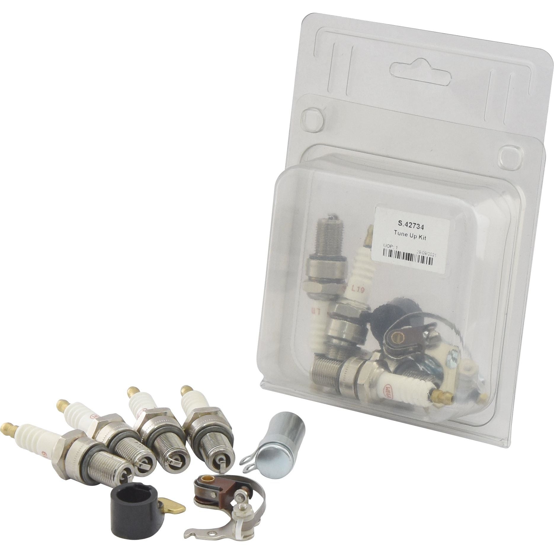 A Sparex Ignition Kit - S.42734 containing four spark plugs, a set of points, a condenser, and several small components, all packaged in a clear plastic case.