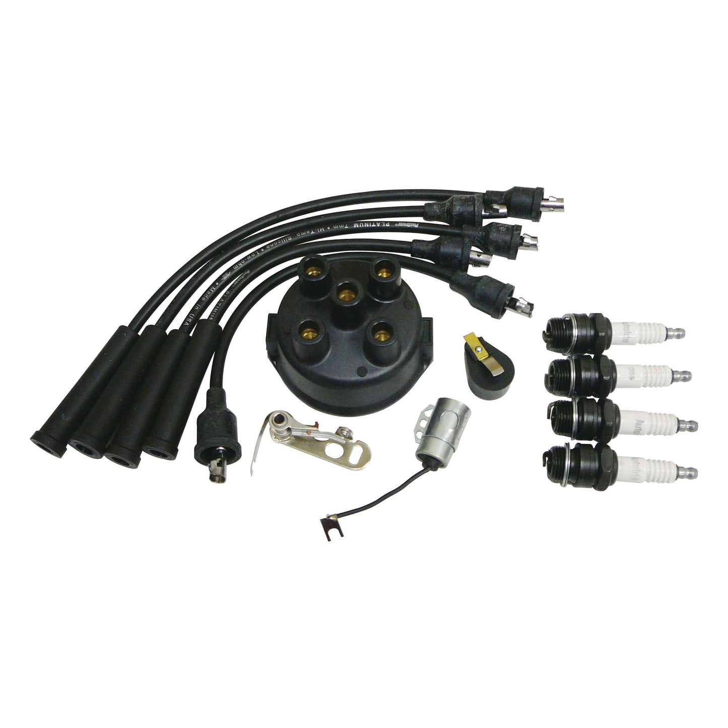 A set of automotive ignition components, including spark plugs, spark plug wires, a distributor cap, rotor, condenser, and other related parts from the Sparex Ignition Kit (Part No. S.44009), arranged on a white background.