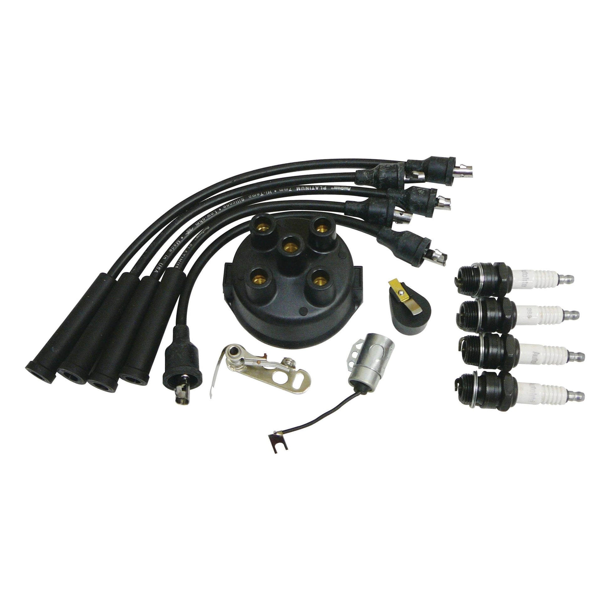 A set of automotive ignition components, including spark plugs, spark plug wires, a distributor cap, rotor, condenser, and other related parts from the Sparex Ignition Kit (Part No. S.44009), arranged on a white background.