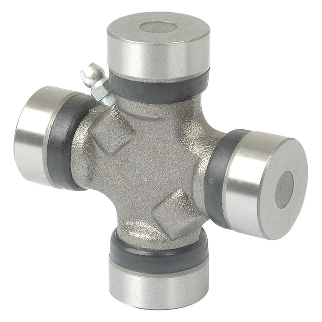 The Sparex Universal Joint - 27 x 74.5mm (Standard Duty), specifically designed for Land Rover vehicles, features four cylindrical ends extending from a central cross-shaped hub with black rubber seals near each end. This high-quality part is available under the Sparex brand with Part No.S.14740.