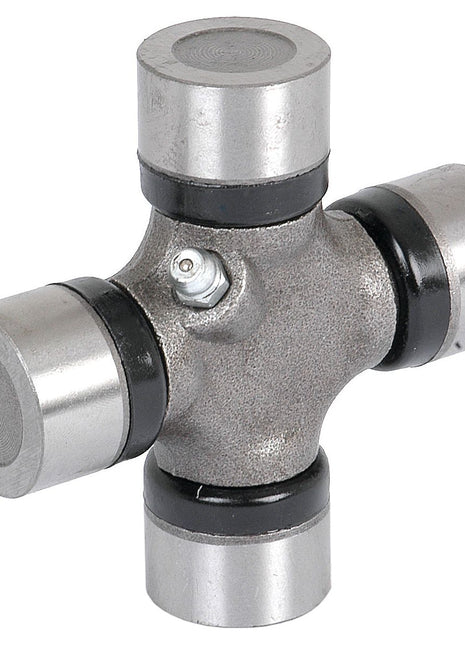 The Sparex Universal Joint - 27 x 81.5mm (Standard Duty) | Sparex Part No.S.14741, featuring four cylindrical ends and a central cross-shaped connector, is ideal for Land Rover mechanical applications and is used for transmitting rotational motion.