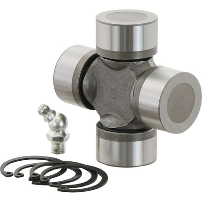 Image of the Sparex Universal Joint - 32 x 76mm (Standard Duty), Sparex Part No. S.6450, showcasing a cross-shaped metal component with four caps, accompanied by a grease fitting and four retaining clips.