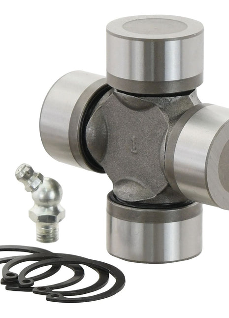 A Sparex Universal Joint - 32 x 76mm (Standard Duty), part number S.6450, complete with four bearings, a grease fitting, and four retaining clips, is arranged on a white background.