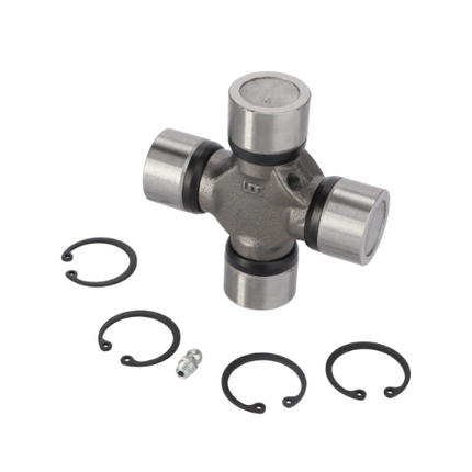 Image of an AGCO Massey Ferguson Universal Joint (part number 3427330M91) and five small circular components, including four C-clips and one zerk fitting, arranged on a plain white background. This detailed setup is ideal for Massey Ferguson 3600 Series tractors.