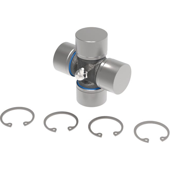 A Sparex Weasler Universal Joint - 35 x 106.5mm (Heavy Duty) with four prongs is displayed, accompanied by four circular retaining clips arranged below it.