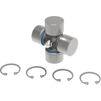 A Sparex Weasler Universal Joint - 35 x 106.5mm (Heavy Duty) with four prongs is displayed, accompanied by four circular retaining clips arranged below it.