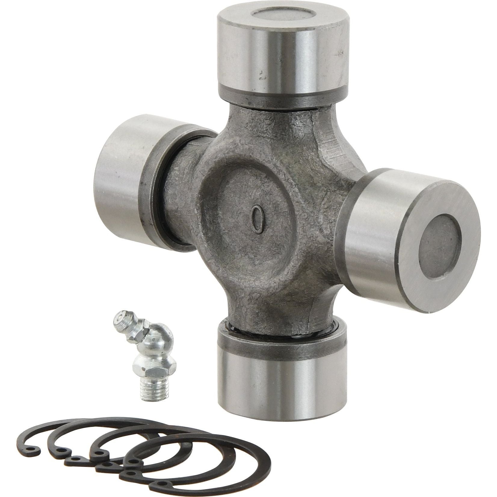 A Sparex Universal Joint - 35 x 106.5mm (Standard Duty), featuring four bearings and mounting components such as a grease fitting and four retaining rings, is set against a plain white background. This product is identified by its Sparex Part No.S.2496.