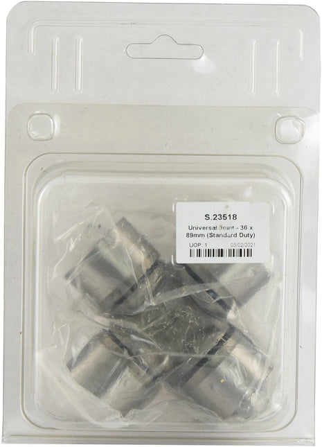 A packaged universal joint set labeled "S.23518" by Sparex, featuring a sealed Agripak and a retail tag with product details, indicating its standard duty capacity.