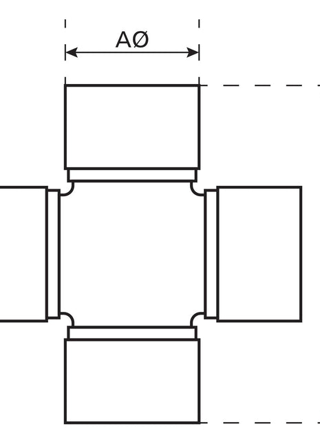Technical drawing of a four-way pipe connector, featuring labeled dimensions A and AØ to indicate the outer diameter and length of each pipe section. Incorporates a Sparex Weasler Universal Joint - 36 x 89mm (Standard Duty) for enhanced versatility.