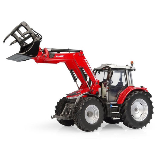 A red AGCO MF 5S .135 tractor, model X993042306603, equipped with a front loader attachment and large tires, designed for agricultural use.