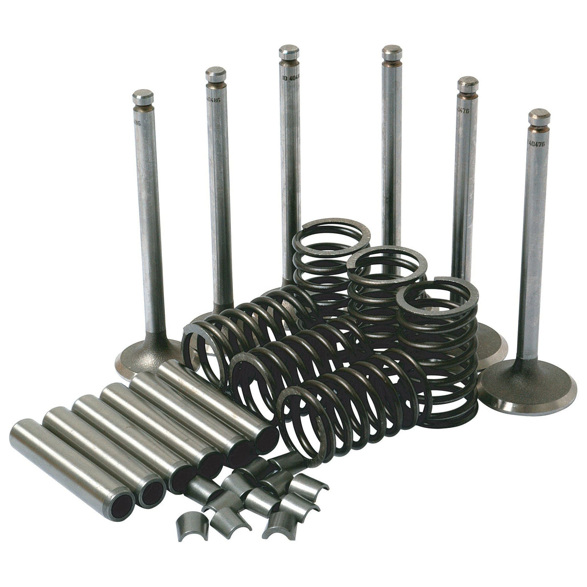 An assortment of engine components from the Sparex Valve Train Kit - S.41586, including inlet valves, springs, exhaust valves, valve guides, and valve locks, are arranged on a white surface.