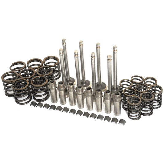 The Valve Train Kit - S.44015 by Sparex, featuring an assortment of metal engine parts such as springs, rods, connectors, and an intake valve, neatly arranged on a white background.