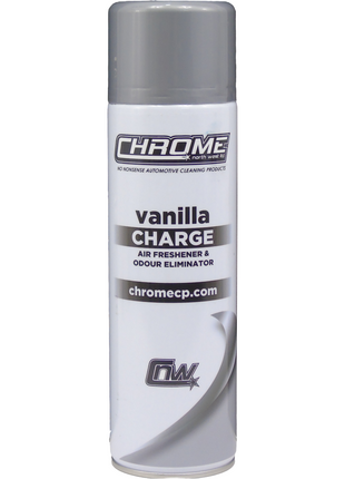 A white aerosol can labeled "JMCE DEALS Chrome - Vanilla Charge Air Freshener & Odour Eliminator" with a gray cap. Website visible: chromecp.com.