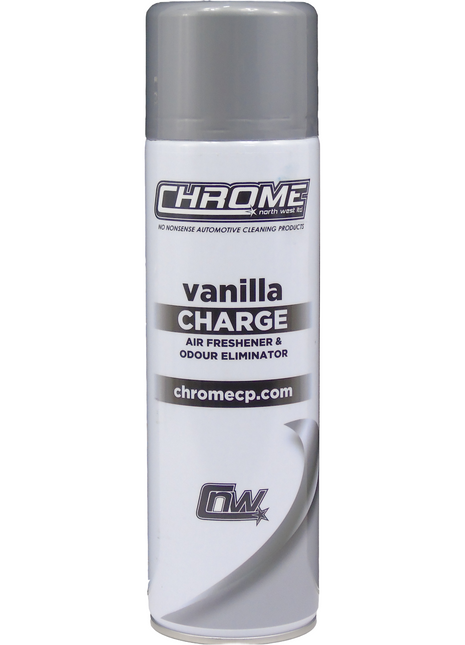 A white aerosol can labeled "JMCE DEALS Chrome - Vanilla Charge Air Freshener & Odour Eliminator" with a gray cap. Website visible: chromecp.com.