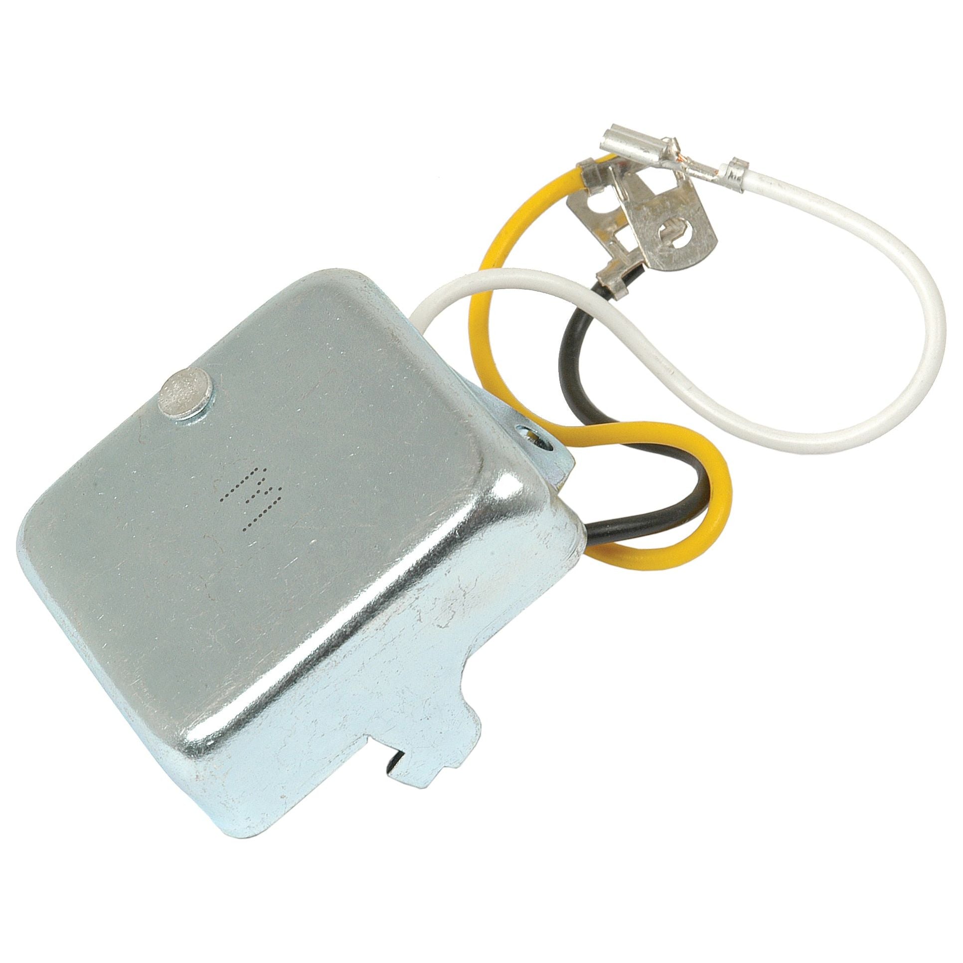 A metal electrical component, known as the Voltage Regulator (Sparex Part No. S.41165) from Sparex, often used in Perkins engines or Massey Ferguson machinery, featuring three connected wires: one yellow, one black, and one white.