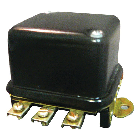 Introducing the Sparex Voltage Regulator (Part No. S.43246), a small, black, rectangular electrical component featuring metal terminals on the bottom and mounting hardware on the side. Designed to deliver reliable performance in Allis Chalmers equipment, this 6V voltage regulator is a high-quality product from Sparex.