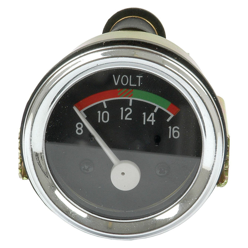 A round voltmeter with a black background, labeled "VOLT," displaying a voltage reading of 10. This gauge, often found on Massey Ferguson tractors, ranges from 8 to 16 volts and features colored sections indicating different voltage levels. It's the Sparex Voltmeter, 8/16V (Sparex Part No.S.61428).