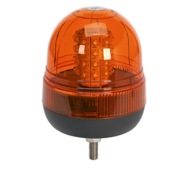 The Sealey Warning Beacon 40 LED 12/24V, model WB951LED, features a powerful orange LED beacon light with a black base and mounting screw. It is equipped with a 20W SMD LED array for efficient signaling or warning purposes. This single point mounting beacon also offers versatile use through its 3-function control.