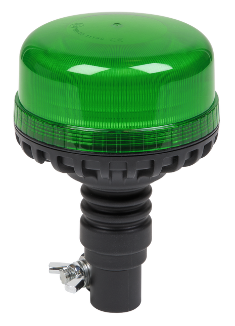 The Sealey Warning Beacon SMD LED 12/24V Flexible Spigot Fixing - Green - WB955LEDG, featuring high power SMD LEDs, comes with a black base and mounting hardware, designed for safety and signaling purposes.