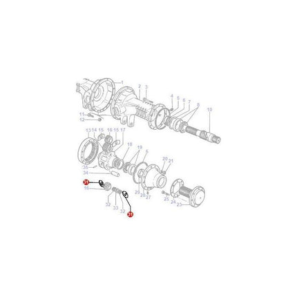 Exploded view diagram of a Massey Ferguson 100 Series mechanical assembly with numbered tractor parts, including gears, shafts, the AGCO-branded Washer - 184441M1, and bearings, laid out in sequential order for clarity.