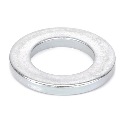 A close-up of the Massey Ferguson Washer with product number 3019558X1, manufactured by AGCO, showcasing its metallic finish and central circular hole, commonly utilized in hardware applications and as a component for Massey Ferguson 5400 Series models.