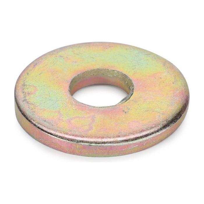 An AGCO metallic flat washer with a central hole and a slightly iridescent surface, suitable for use in Massey Ferguson 1000 Series tractor parts (Washer Fitting Cap - 3301745M1 - 390652X1).