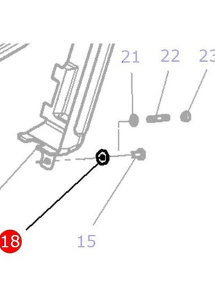 Illustration showing part number 18 in a mechanical diagram, positioned and marked in relation to parts 21, 22, and 23. Additionally, the Massey Ferguson - Washer Flat M6 - 391038X1 by AGCO is highlighted for clarity.