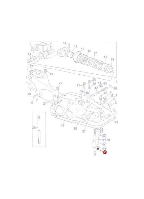 Exploded view diagram of a Massey Ferguson engine component with numbered parts, including camshaft and casing. Part 20, the AGCO Massey Ferguson Washer Stand Pipe (361160X1), is highlighted in red. This detailed illustration is applicable for both the 100 Series and 200 Series models.