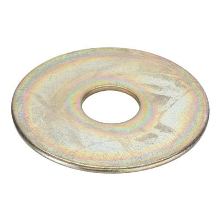 The AGCO Massey Ferguson - Washer Tank Mount - 890486M1 is a round, flat metal washer with a central hole and a slightly iridescent finish, ideal for 100 Series tractor parts or Massey Ferguson machinery.