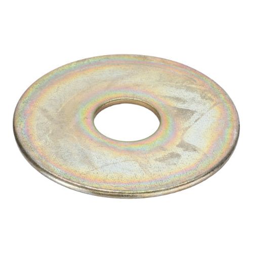 The AGCO Massey Ferguson - Washer Tank Mount - 890486M1 is a round, flat metal washer with a central hole and a slightly iridescent finish, ideal for 100 Series tractor parts or Massey Ferguson machinery.