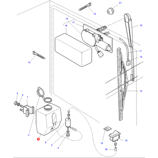 Exploded view of a Massey Ferguson - Water Bottle - 1897101M1 by AGCO, showcasing numbered parts such as screws, the water bottle itself, a handle, electronic components, and internal mechanisms. Each part is meticulously labeled for assembly reference.