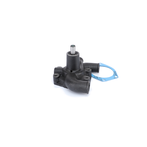 A black AGCO Massey Ferguson water pump, model 3641823M91, featuring a blue gasket attached on one side and reminiscent of those found in Perkins 3.152 Series engines, stands against a white background.