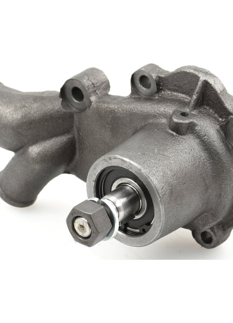 Close-up of the Sparex Water Pump Assembly - S.40038, featuring two inlet/outlet ports and a rotating shaft equipped with a bearing and securing nut. The gray component includes an impeller designed for efficient engine cooling.